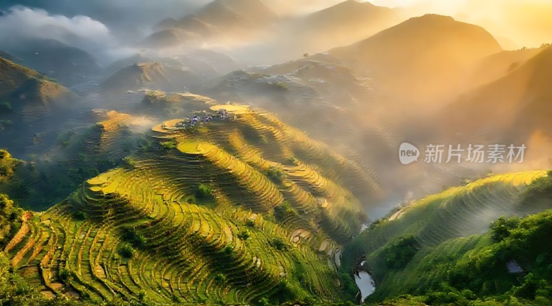 梯田晨曦光影交织的山脊画卷