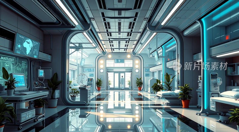 未来科技医院走廊整洁明亮充满科技感