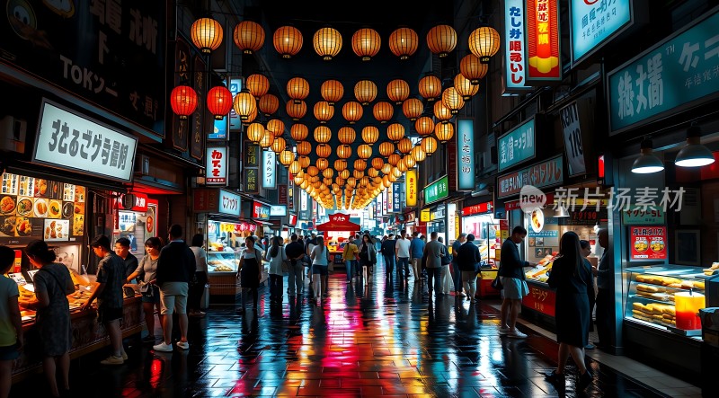 霓虹灯下美食街夜市繁华景象