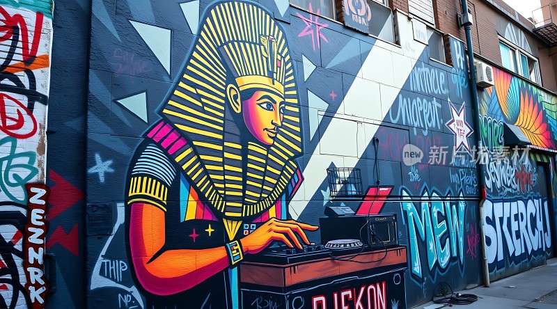 古埃及法老与现代DJ的结合艺术墙绘