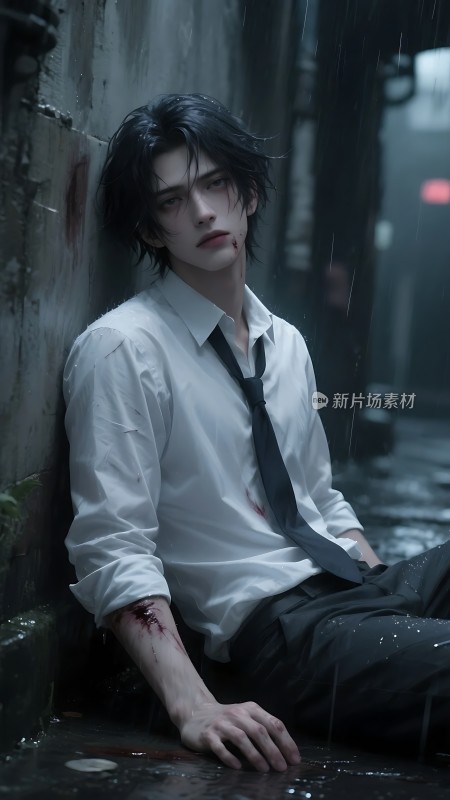 雨夜孤影血迹斑斑白色衬衫与黑色领带映衬出一种凄凉的氛围
