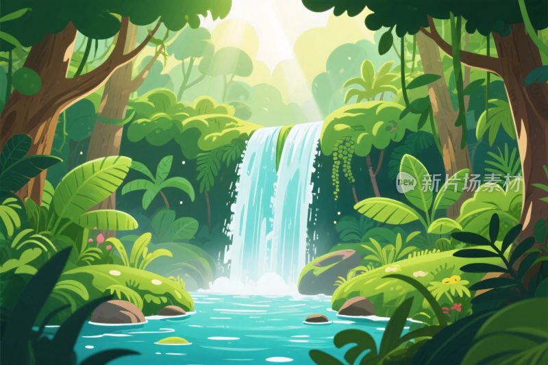 森林瀑布卡通插画