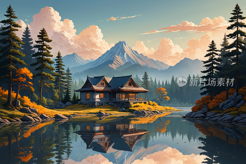 湖上小屋山脉高清风景插画图片