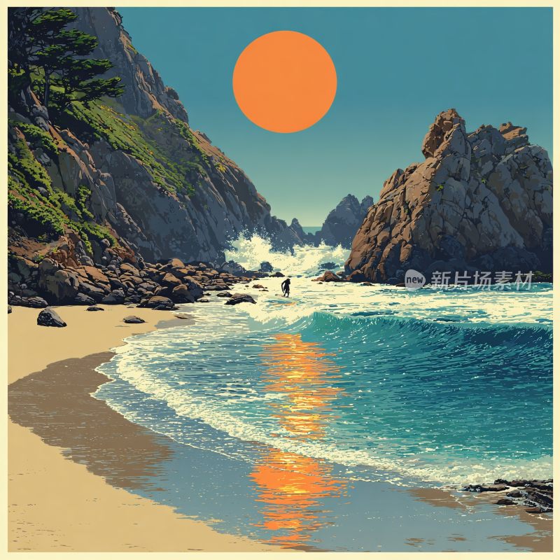 海边日落风景插画