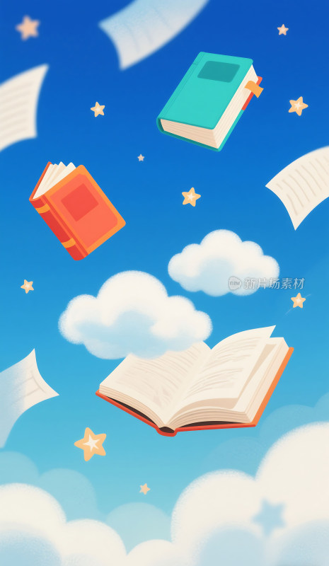 云朵上漂浮的书本插画