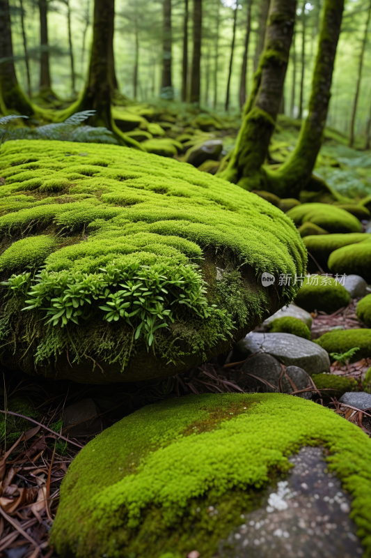 苔藓覆盖着森林中岩石长满树木和树叶风景