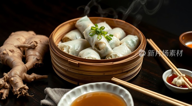 蒸笼里的美味春卷搭配姜和酱料诱人食欲