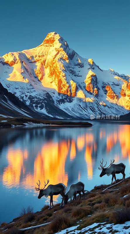 雪山倒影映湖面鹿群悠然觅食间