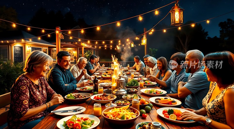 家庭聚会温馨晚餐夜幕下的欢乐时光