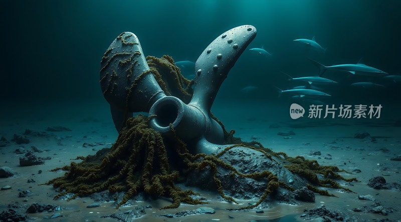 海底遗梦沉船螺旋桨与海洋生物共舞
