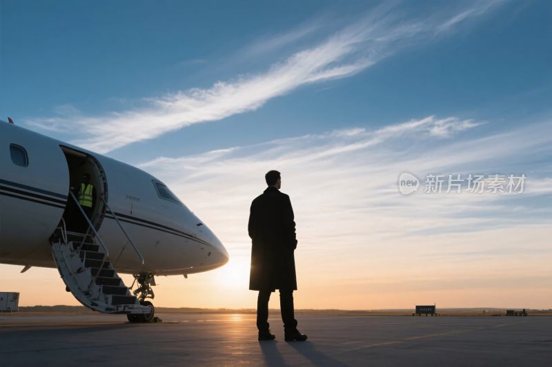 机场停机坪上的飞机与人