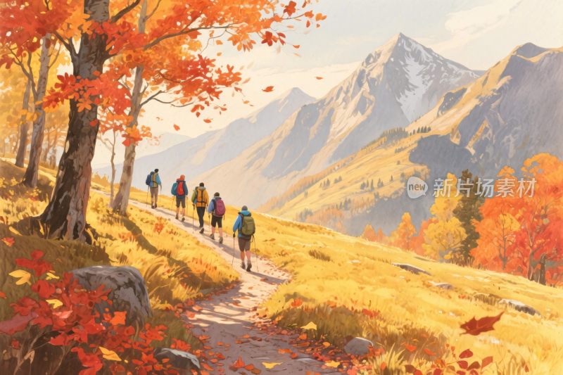 秋日山林徒步插画