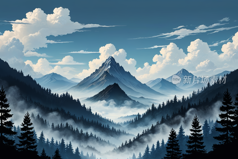 山景林高清风景插画图片