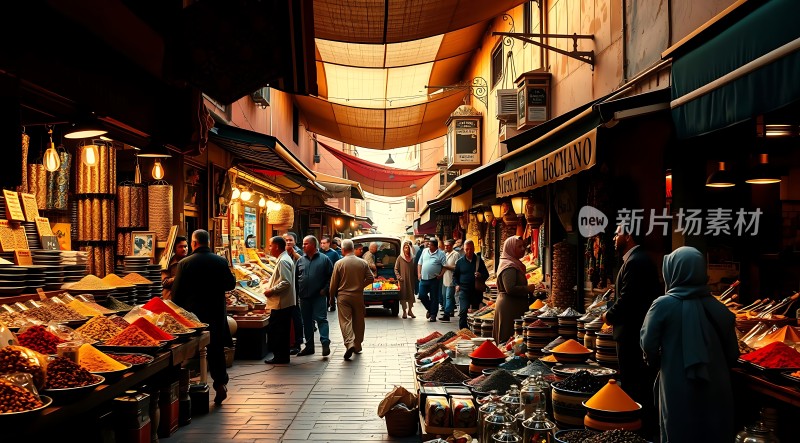 摩洛哥集市色彩斑斓的商品与热闹的人群