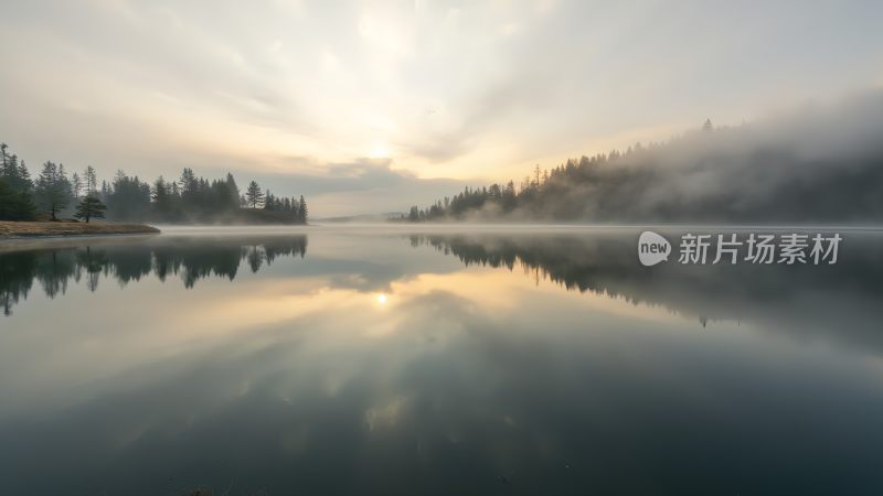 晨曦映照下的静谧湖面