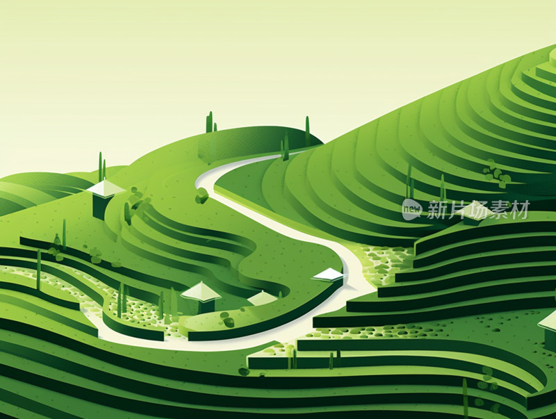 绿色梯田与蜿蜒小路的风景描绘