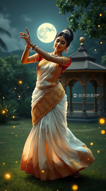 月光下的舞者身着传统服饰优雅起舞