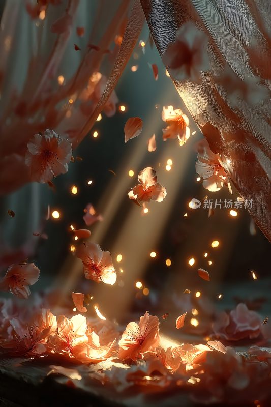 光影下飘落的绚烂花瓣