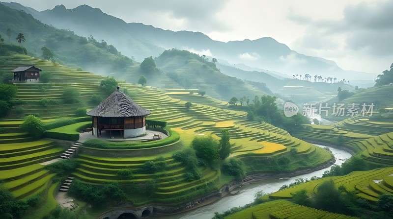 梯田小屋山水画卷