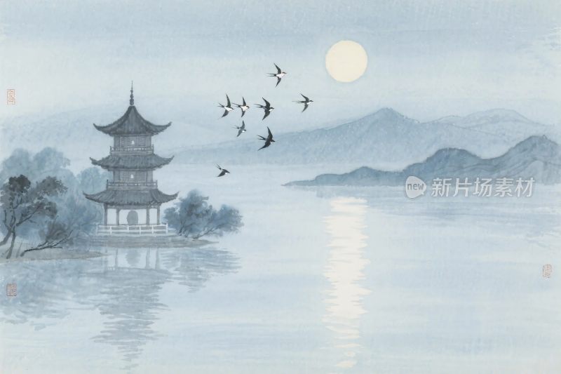 水墨山水古建筑风景图