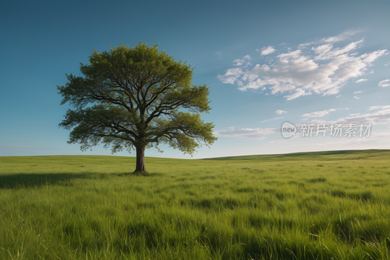 一片青草地里一棵孤树高清风景图片