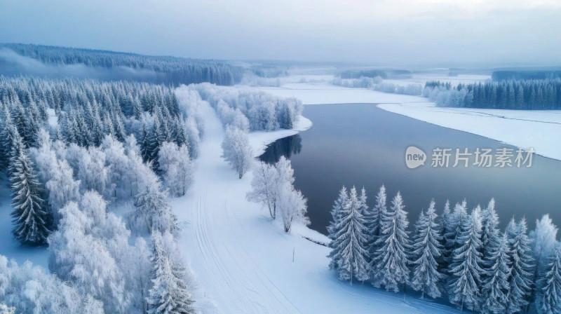 航拍雪域森林冰冻河流自然风光