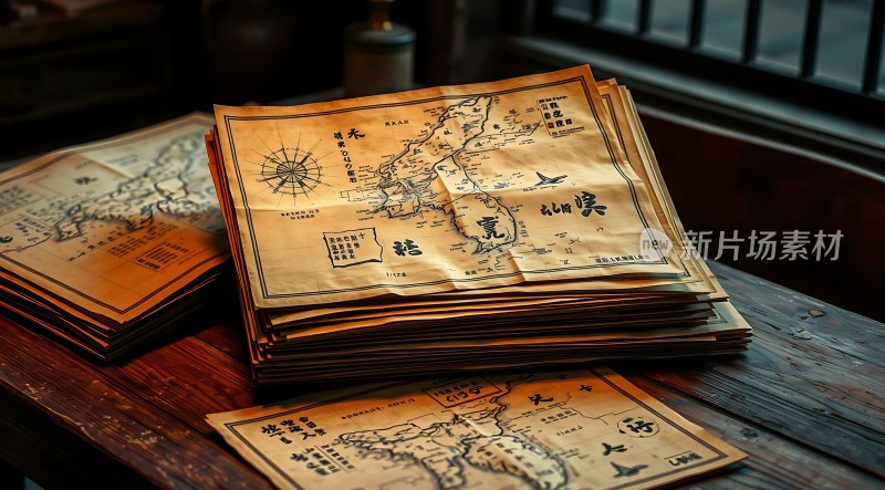 古旧地图堆叠展示历史感浓厚
