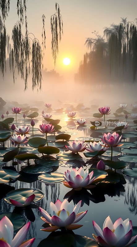 湖畔晨曦映荷花