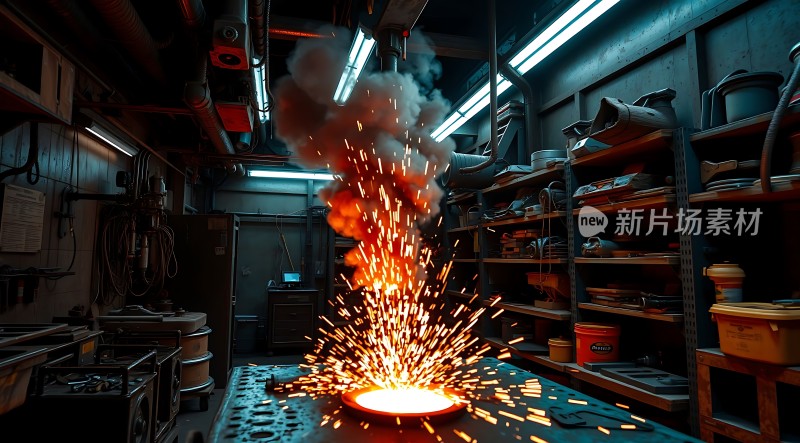 车间内火花四溅金属加工现场