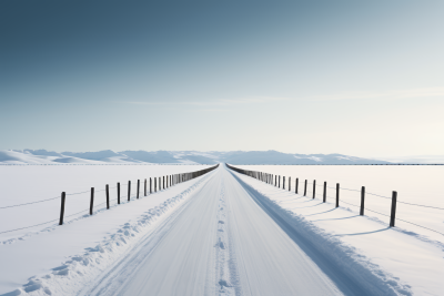 雪路有栅栏远处积雪覆盖山峦高清图片