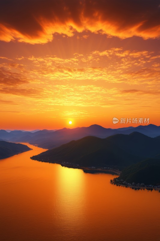 俯瞰山脉的湖泊的日落景色高清风景图片