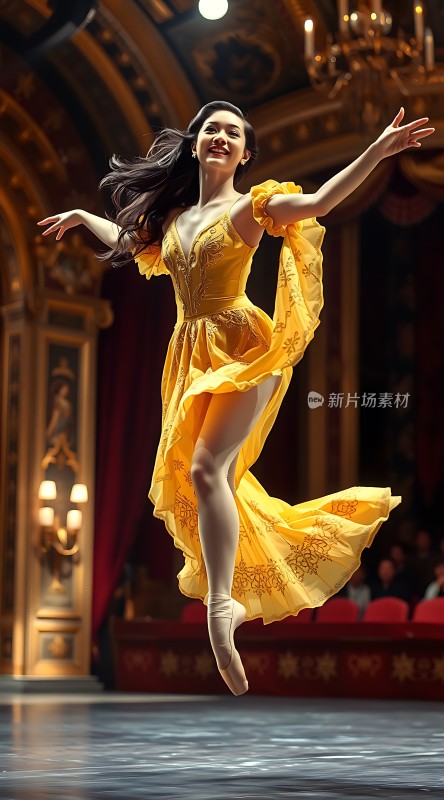 舞台上的黄色舞裙飘逸女子