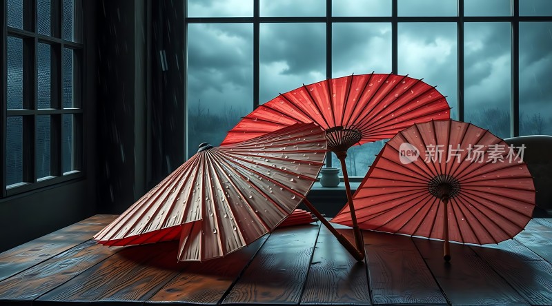红色油纸伞静卧木桌