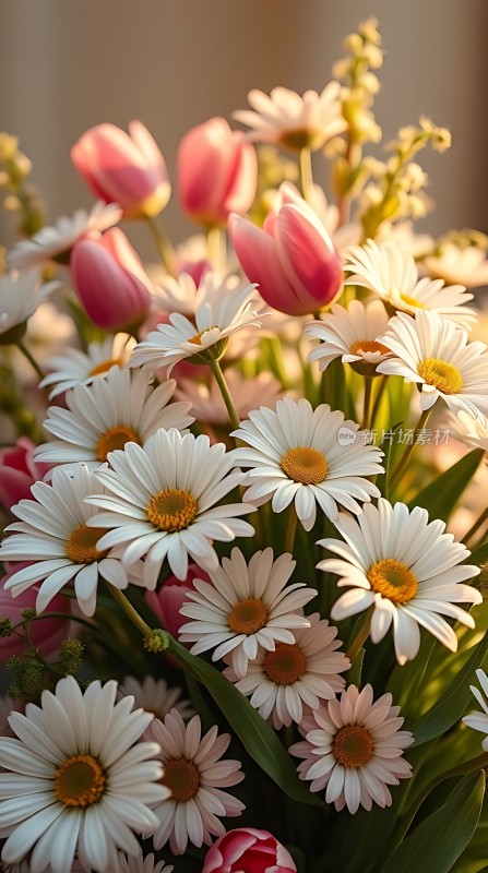 阳光下的白雏菊与粉郁金香