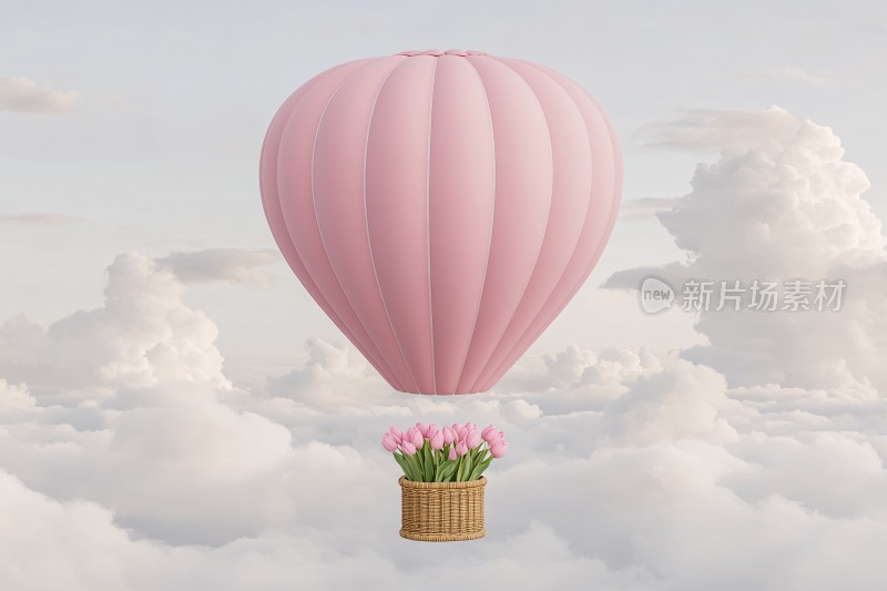 粉色热气球载花云端飞翔