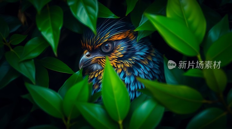 绿叶间探出头来的彩色小鸟