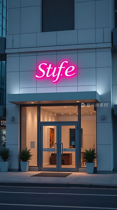 时尚店铺霓虹灯牌现代建筑风格夜晚街景