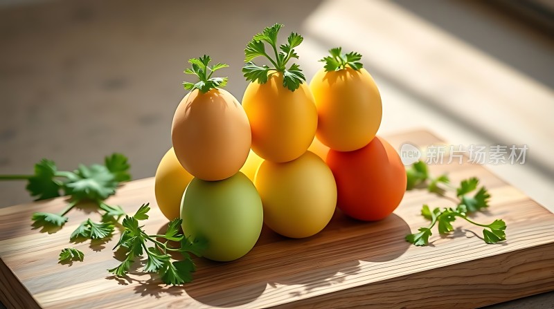 七彩鸡蛋堆叠香菜点缀色彩鲜艳诱人