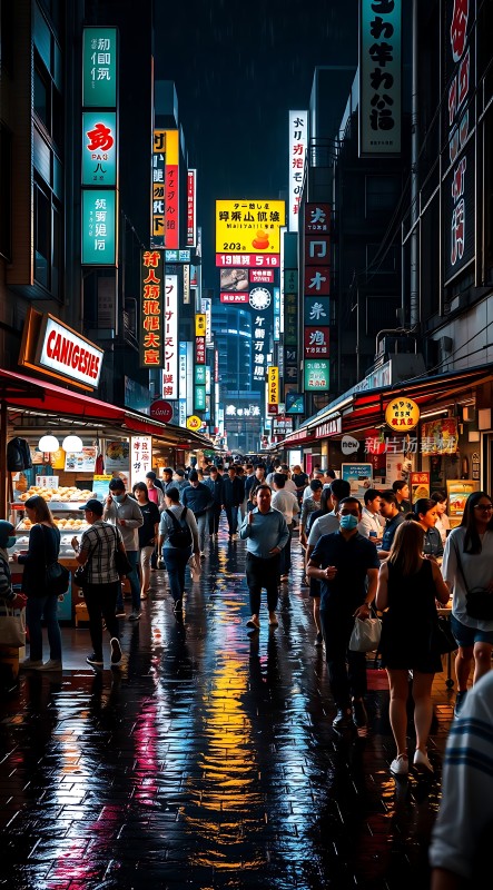 霓虹闪烁夜市繁华人群熙攘美食琳琅