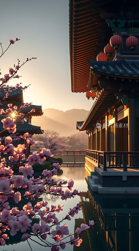 古建筑樱花湖畔日落美景