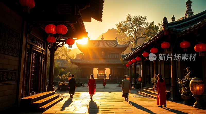 古风日落下的红色灯笼与建筑