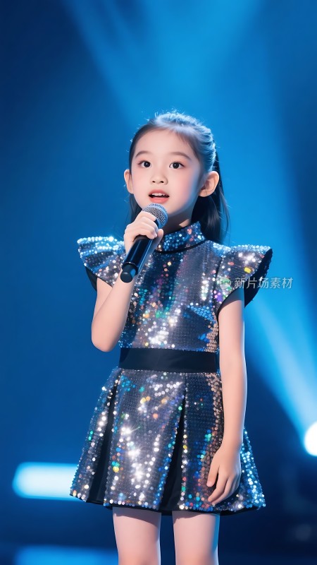 舞台上的小女孩手持麦克风身着闪亮连衣裙背景灯光璀璨