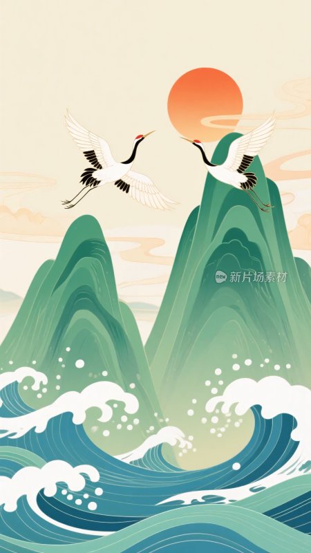 山水间双鹤伴日飞翔图景