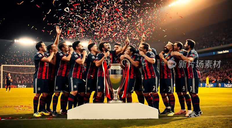 夺冠庆祝奖杯与球员共庆胜利