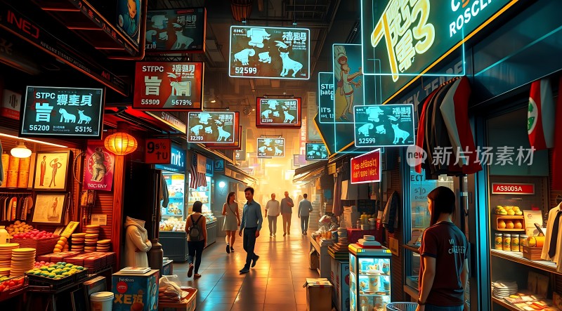 繁华夜市霓虹闪烁热闹非凡