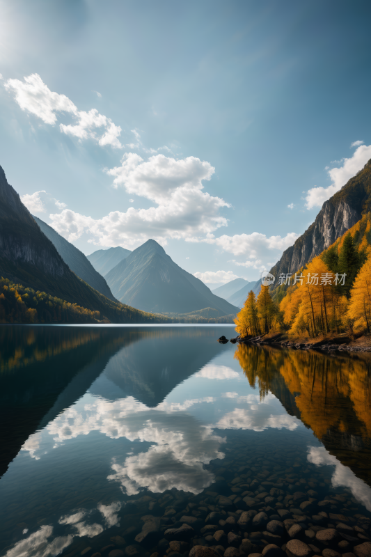 山和树倒映在有岩石的湖中高清风景图片