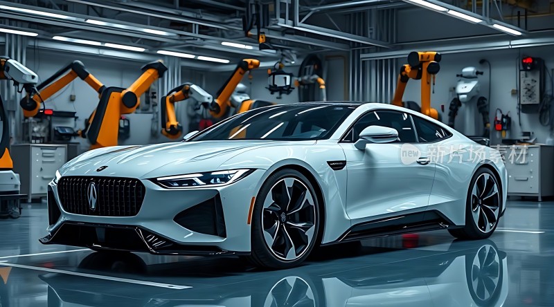 现代工厂中的白色跑车