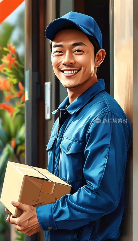 亚洲快递员微笑送包裹