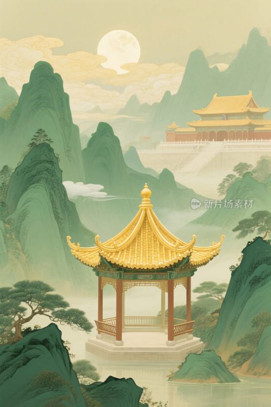 山水古亭风景插画