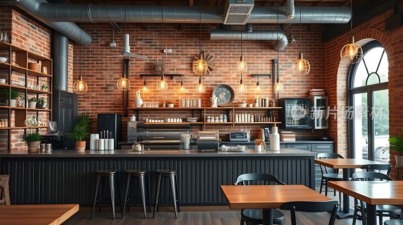 工业风咖啡店砖墙、铁管、木质家具营造温馨氛围